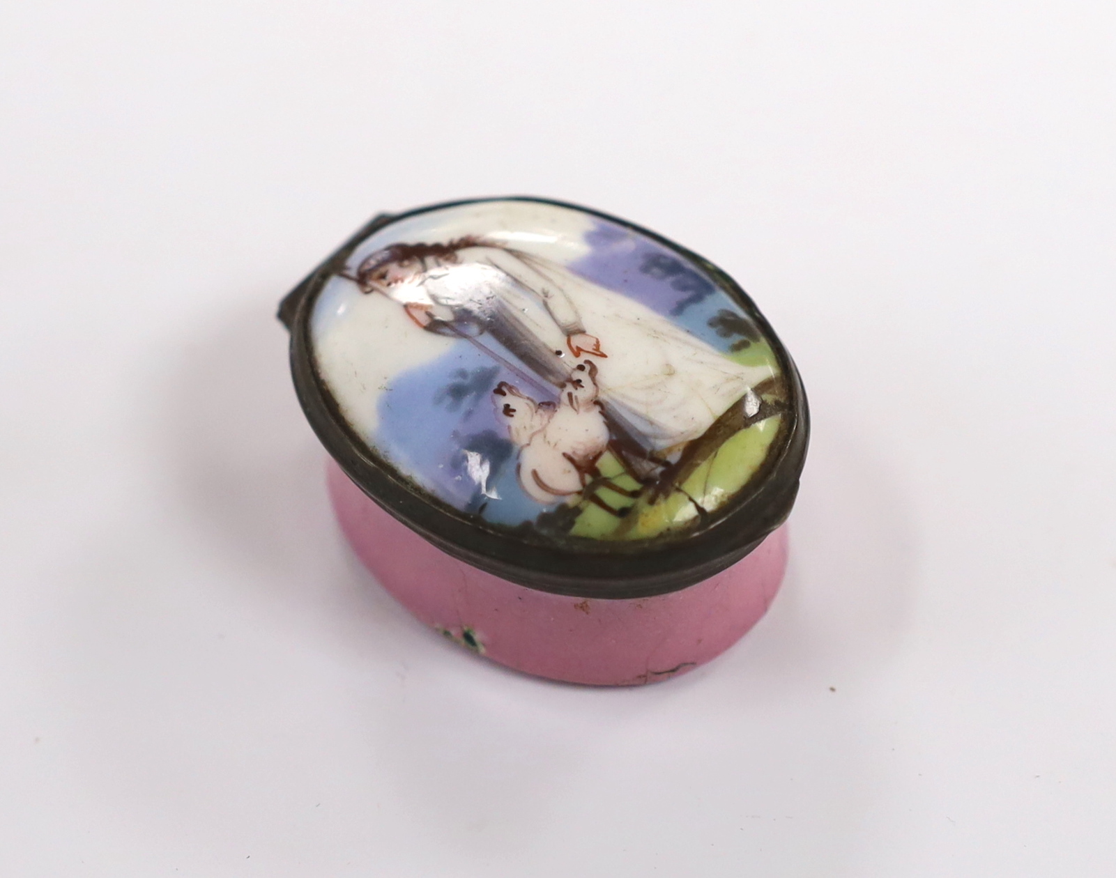 A late 18th / early 19th century South Staffordshire enamel box of a shepherdess and sheep, 5cm deep